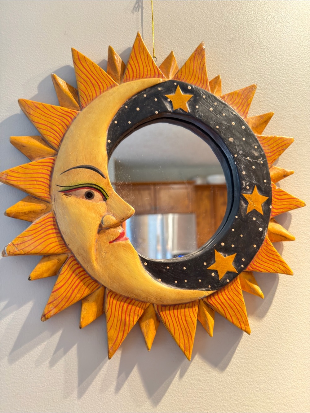 Vintage Celestial Wooden Mirror: Sun, Moon & Stars - Bohemian Decor